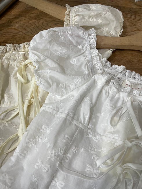 Cotton Square Bow Embroidered Puff Sleeves Blouse